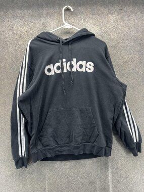Adidas Hoodie Mens XL Black 3 Stripes Pullover Fleece Sweatshirt Big Logo